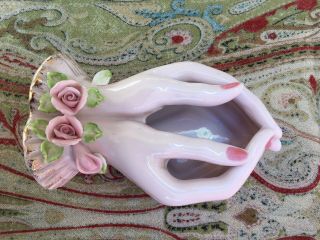 Vintage 1950’s Lefton Hand - Painted Bisque Pink Porcelain 2 Hands Vase