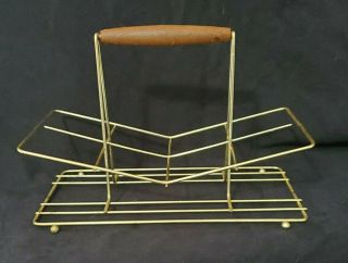Vintage Mid Century Modern Glass Caddy Carrier Tumbler Wire Metal Walnut Barware