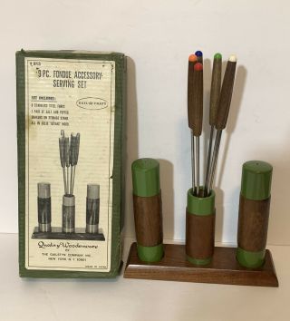 Vintage Fondue Forks And Stand Salt Pepper Keyaki Wood Japan Green Brown Bgs