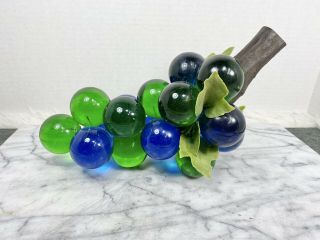 Vintage Mcm Lucite Acrylic Retro Grape Cluster Blue Green Large Wood Stem 12 "