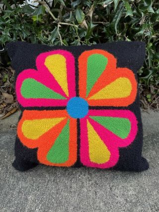 Vintage Latch Hook Rug Pillow Completed Groovy 70s Flower Neon