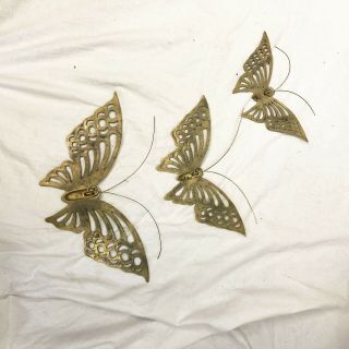 Set Of 3 Vintage Mid Century Modern Solid Brass Butterflies Metal Wall Art Decor