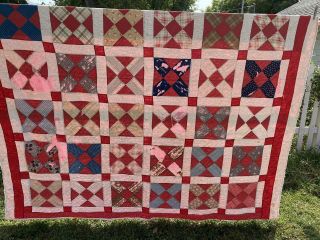 Vintage Hand Made Patchwork Quilt 93 " X 74 " Feedsack Fabric Red/blue/checks