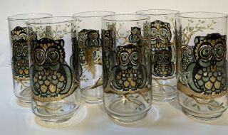 Vintage Libbey Stained Glass Owl Glasses Set Of Six 70 