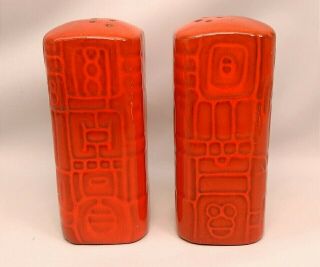 Vintage Mid - Century Modern Ceramic Salt & Pepper Shakers Orange Red Geometric
