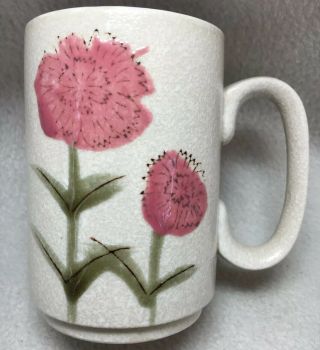 Vintage Stoneware Coffee Mug Cup Hand Painted Pink Floral Flowers White Speckle