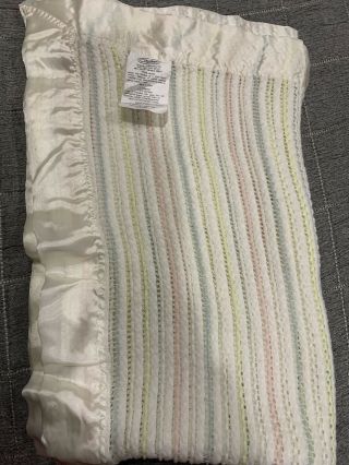 Vintage Chatham Pastel Stripes Baby Blanket Soft Satin Nylon Edge Trim 38” X 46”