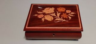 Vintage Reuge Wooden Jewelry Music Box With Floral Inlay