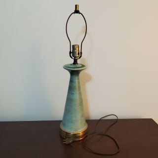 Vintage Mid - Century Ceramic Teal Blue And Gold Lamp,  Flaired But Sleek 25 "