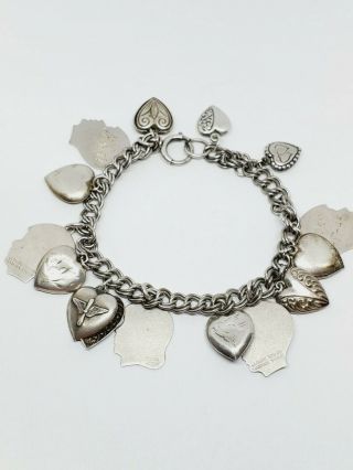 Vintage Sterling Silver (9) Puffy Heart Charm (s) & Children Head Bracelet 7.  5 "