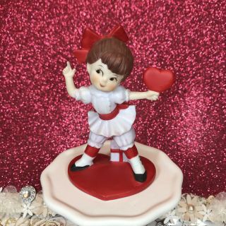 Vtg Lefton Sassy Valentine Girl In Pink Dress Holding Red Heart Red Bow Figurine