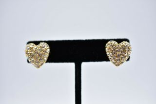 Swarovski Swan Signed Earrings Gold Heart Rhinestones Crystal Pave Vintage Bin1