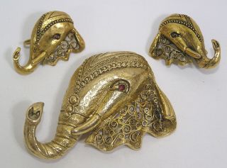 Vtg Jewelry Figural Elephant Head Brooch Earrings Set Goldtone Red Eye