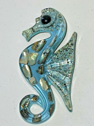 Vintage Mid - Century Blue Lucite Seahorse Wall Plaque Art With Abalone Shells