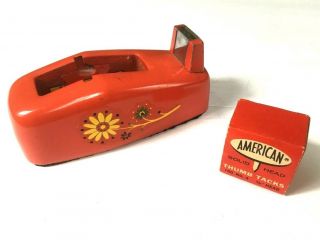 Vintage 1960s 70s Orange Flower Floral Scotch Brand Tape Dispenser Arrow Tacks