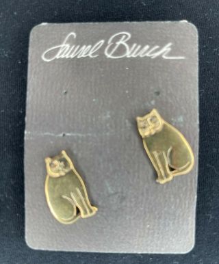 Vintage Laurel Burch Gold Tone Cat Pierced Earrings.  Singed.
