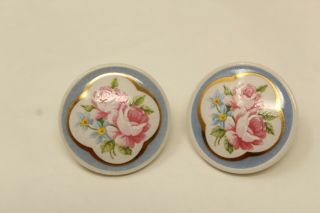 Pretty Vintage Blue & Pink Rose Floral Painted Porcelain Stud Earrings O1