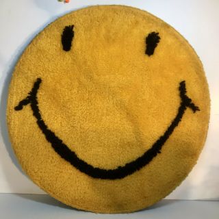 Large Vintage Yellow Smiley Face Rug Wall Hanging,  Authentic Hippy 1960s Look
