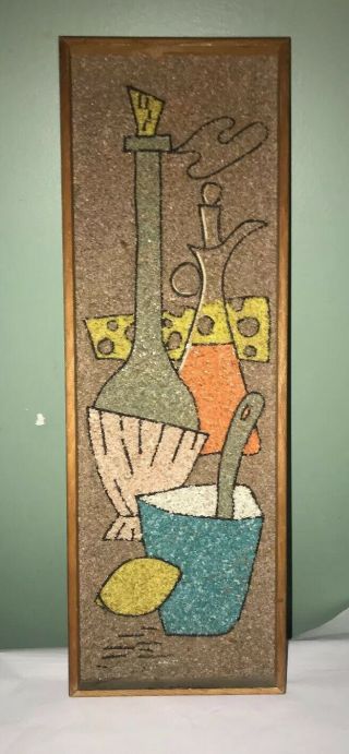 Vtg Mcm 1960s Gravel Art Wall Hanging Genie Bottles Decanter Swiss Cheese