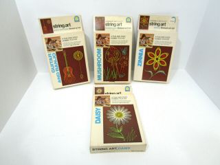 4 - Vintage String Thread Art Kits 1976 Juvenile 5 X 7 Nos 3 Flowers - Mushro