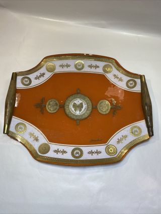 Vintage Georges Briard Mcm Orange Gold Wood Handled Glass Tray
