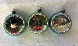 Vintage Glass Indent Diorama 3d Santa Reindeer Snowman Japan Christmas Ornaments