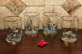 Set Of 4 Vintage Ned Smith Waterfowl Ducks Low Ball Whisky Rocks Barware Glasses