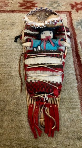 Vintage Native American Cloth / Wool Papoose Doll Woven Hanging Basket