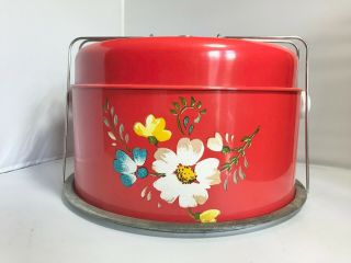 " Peoria " Farmhouse Chic Large Tin Cake & Pie Carrier And Saver Red Floral Print