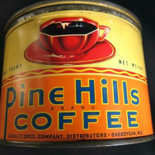 Vintage 1 Pound Key Wind Coffee Tin - Pine Hills - Sheboygan,  Wi.