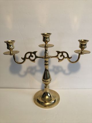 Vtg Ornate Solid Brass Candelabra - 11” T X 12 1/2” W 3 - Arm Candle Stick Holder