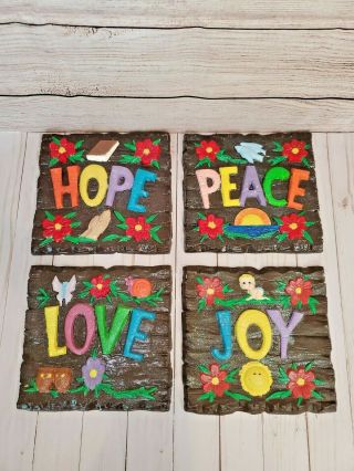 Vintage 70s Handpainted Ceramic 4 Wall Plaques Peace Love Joy Hope Retro Decor