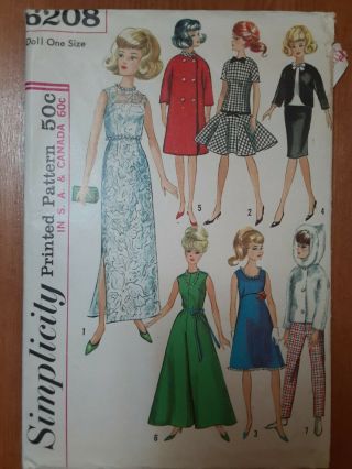 Vintage 1965 Simplicity Pattern 6208 Fashion Doll Clothes Barbie 11 - 1/2 " Dolls