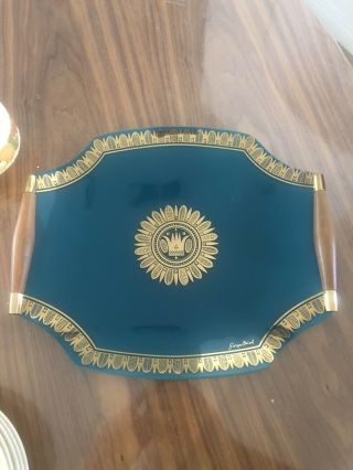 Vintage Mcm Georges Briard Teal & Gold Bent Glass Tray With Wood Handles