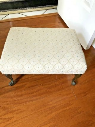 Vintage Padded Upholstered Foot Stool With Brass Gabriole Legs - Cute