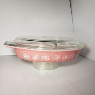 Vintage Pyrex Pink Daisy Oval Divided Casserole Serving Dish 1 - 1/2 Qt W/ Lid