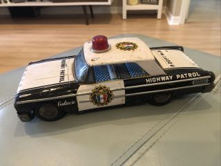 Vintage Asc Japan 1963 Ford Galaxie Tin Friction Highway Patrol Police Car 9.  5”