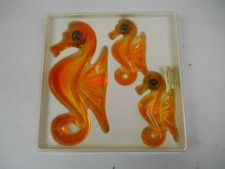 Set Of 3 - Vintage Orange Yellow Acrylic Lucite Seahorse 1960 