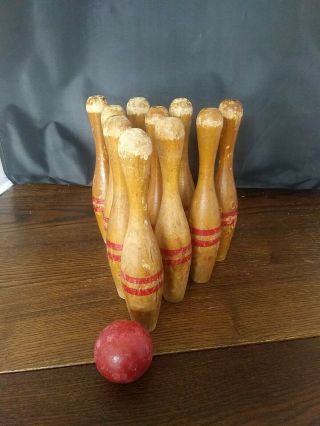 Vintage Wooden 8 " Ten Pin Bowling Set Game 10 Pins And Wood Ball Antique Toy