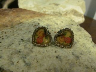 Vintage Silver Tone Brighton Enamel Coated Rose Flower Heart Stud Earrings