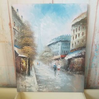 Vintage Oil Painting Signed Paris Street Scene Impressionist Eiffel Tower