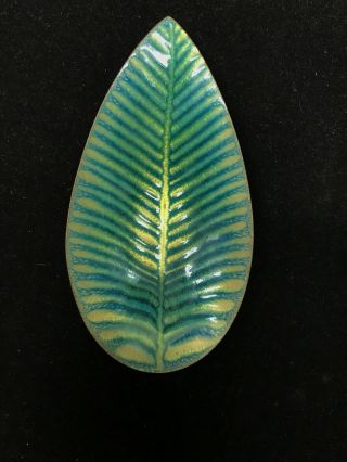 Signed Jane Glass Modern Enamel Copper Art Bowl Tray Mid Century Leaf Design