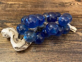 Vintage Large Mid Century Lucite Glass Blue Grape Cluster On Driftwood 13 "
