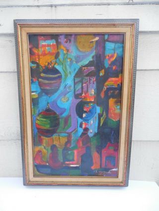 Mid Century Modern Abstract Oil Painting On Masonite Board By Copithorne 24,  5 "