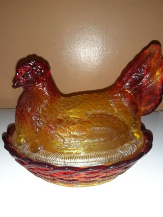 Vintage Clear Glass Hen Chicken On Nest Candy Dish Orange Red