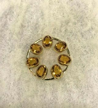 Vintage Catamore 12 Kt.  Gold Filled Citrine Circle Pin - 1 1/4 Inch In Diameter
