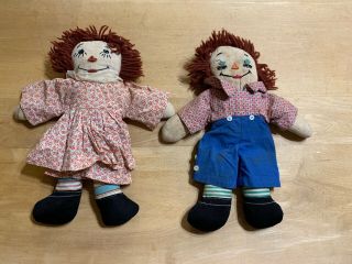 Old,  Vintage Handmade Raggedy Ann & Andy - Sweet,  Well Loved Cloth Dolls