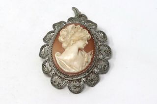A Lovely Vintage 925 Sterling Silver Filigree Shell Cameo Brooch Pendant 27074