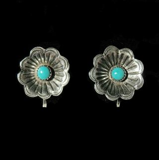 Vtg.  Fred Harvey Era Navajo Sterling Silver Turquoise Screw Back Flower Earrings