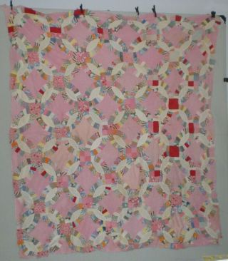 Quilt Top Double Wedding Ring Vintage Cotton Fabric Feedsacks 1930 Pink Muslin